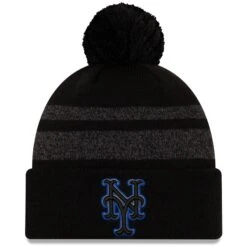 Men's New York Mets New Era Black Dispatch Cuffed Knit Hat With Pom