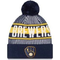 Men's Milwaukee Brewers New Era Navy Striped Cuffed Knit Hat With Pom
