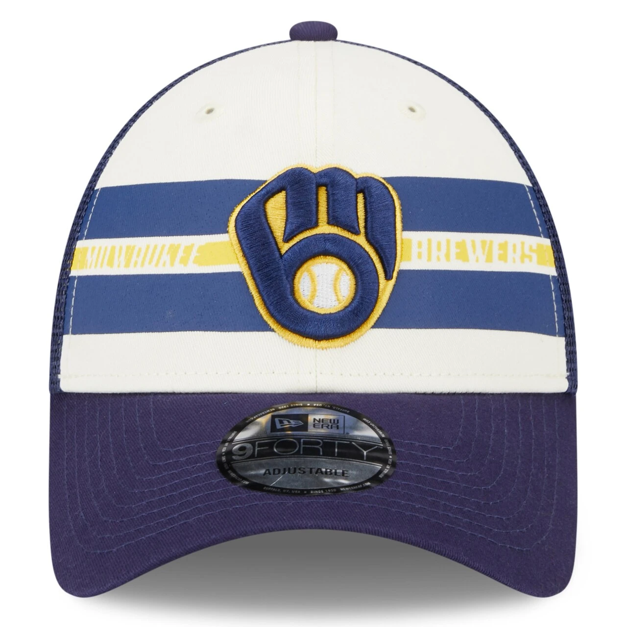 Men's Milwaukee Brewers New Era White/Navy Team Stripe Trucker 9FORTY Snapback Hat 4 Men's Milwaukee Brewers New Era White/Navy Team Stripe Trucker 9FORTY Snapback Hat - Image 2