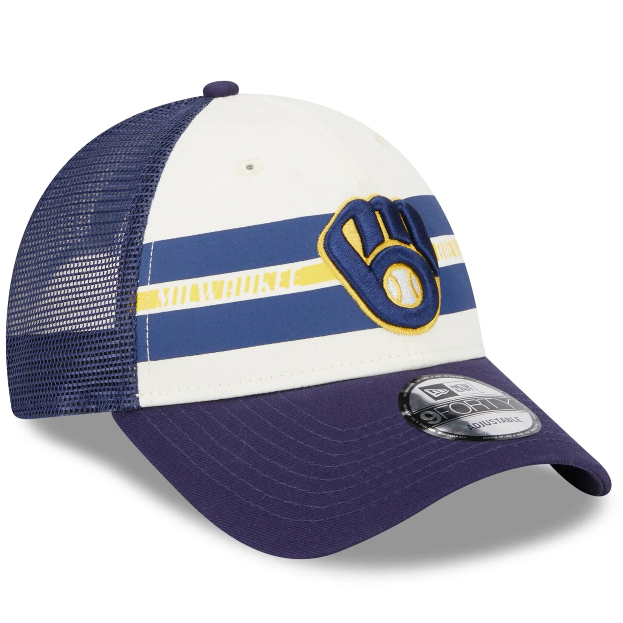 Men's Milwaukee Brewers New Era White/Navy Team Stripe Trucker 9FORTY Snapback Hat 5 Men's Milwaukee Brewers New Era White/Navy Team Stripe Trucker 9FORTY Snapback Hat - Image 3