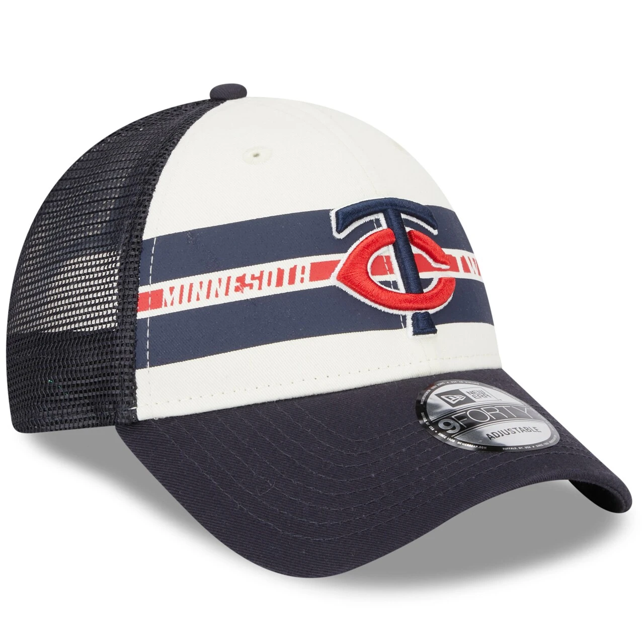 Men's Minnesota Twins New Era White/Navy Team Stripe Trucker 9FORTY Snapback Hat 5 Men's Minnesota Twins New Era White/Navy Team Stripe Trucker 9FORTY Snapback Hat - Image 3