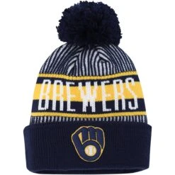 Youth Milwaukee Brewers New Era Navy Striped Cuffed Knit Hat With Pom