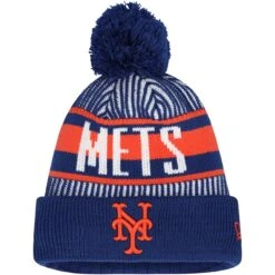 Youth New York Mets New Era Royal Striped Cuffed Knit Hat With Pom
